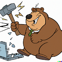 DALL·E 2023-08-15 10.10.12 - a cartoon of a fat bear smashing a computer with a sledghammer